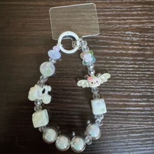 White Cinnamaroll Sanrio Angel Beaded Cell Phone Wristband Lanyard Keychain NEW